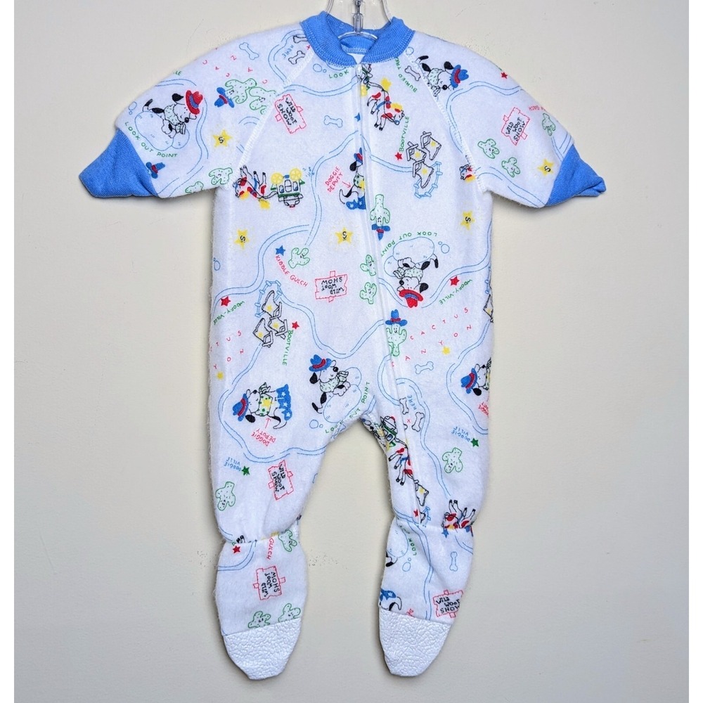 Vintage 80s Teddy Bears Western Cowboy Romper Bodysuit Pajamas 12 Months DS NWOT